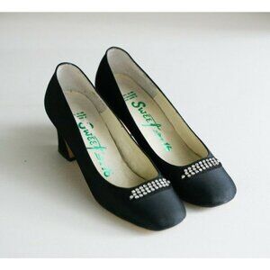 Vintage Hand Made Back Satin Rhinestone Slip on Heels 6.5